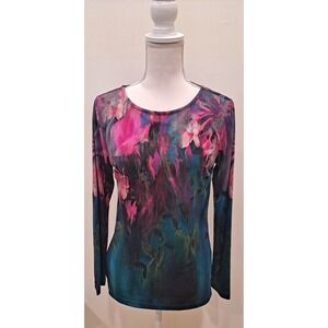 Bob Mackie Wearable Art Pink Green Blue Floral Long Sleeve Blouse Women XS